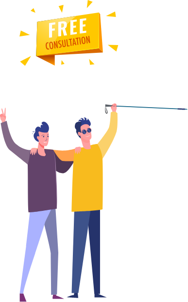 Free Consultation Button and Two Men Embrace and Smile, one is holding a white cane